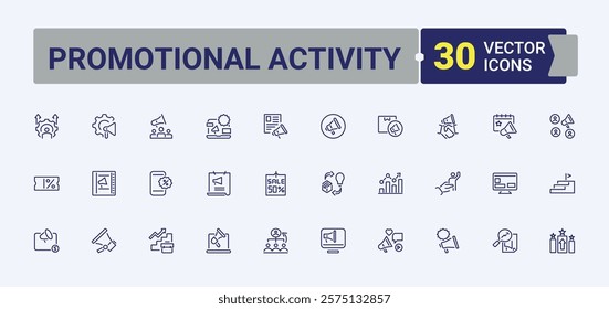 Promotional Activity icons set in linear style. Contains such icons as internet, marketing, promotion, search, store, prevention and more. Thin linear style icons. Vector icons editable stroke.