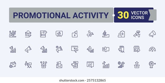 Promotional Activity icons set in linear style. Contains such icons as internet, marketing, promotion, search, store, prevention and more. Thin linear style icons. Vector icons editable stroke.