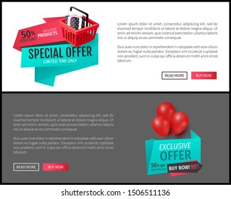 Promotional advertising online pages set, badges on website templates, promo offers with presents and gift boxes, fixed prices and advertising tags,