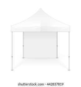 Promotional Advertising Outdoor Event Trade Show Pop-Up Tent Mobile Advertising Marquee. Mock Up, Template. Illustration Isolated On White Background. Ready For Your Design. Product Advertising Vector