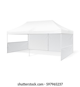 Promotional Advertising Outdoor Event Trade Show Pop-Up Tent Mobile Advertising Marquee. Mock Up, Template. Illustration Isolated On White Background. Ready For Your Design. Product Advertising Vector