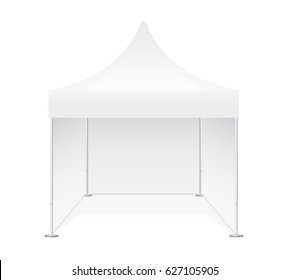 Promotional advertising show outdoor event trade pop-up tent mobile marquee. Illustration of pavilion isolated on white background. Realistic mock up, template for your design. Vector EPS10.