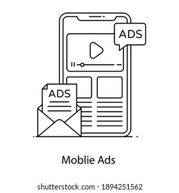 
Aplicación promocional, vector lineal de anuncios móviles