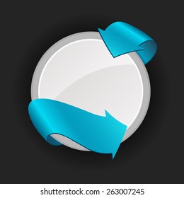 Promotional badge with colored ribbon on dark background.