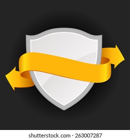 Promotional badge with colored ribbon on dark background.