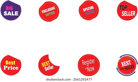 Paquete promocional del Vector de la etiqueta engomada de la insignia con el mejor vendedor, el más vendido, regístrese ahora, e íconos especiales de la oferta para el comercio electrónico y el marketing