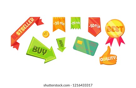 Promotional badges and sale tags set, sale promotional signs, online web shopping symbols vector Illustration on a white background