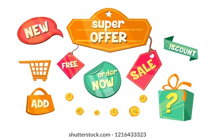 Promotional badges and sale tags set, super offer sale promotional signs, online web shopping symbols vector Illustration on a white background