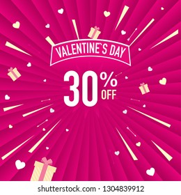 Promotional banner of 30% discount for Valentine's Day. White letters on a pink background with hearts. Vector image
