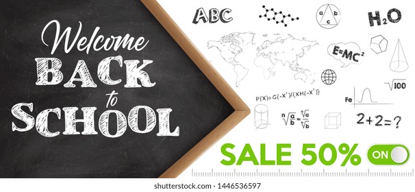 Promotional banner back to school at  discount. Vector illustration.