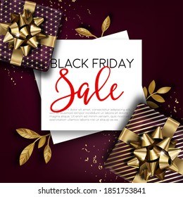 Promotional banner for black friday sale. Discounts and reduction of price for autumn event. Shops and stores marketing and cheap cost. Advertising with presents and text. Vector in flat style