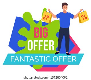 Promotional banner in blot shape with happy customer. Man showing purchases from shop with great reductions and sales. Big offer and clearance at market. Male with bags with percent sign, vector