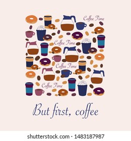 Promotional banner with coffee elements and donuts. Vector elements. Creative  square template, perfect to use on the web, or in print, for postcards, greeting cards, flyers