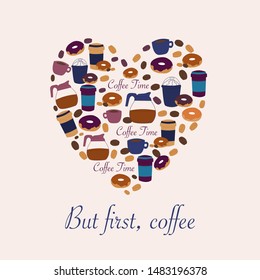 Promotional banner with coffee elements and donuts. Vector elements. Creative  heart template, perfect to use on the web, or in print for postcards, greeting cards, flyers