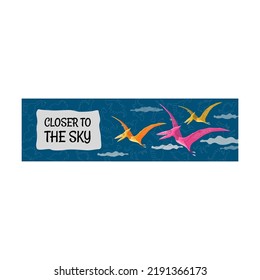 Promotional banner design with cute dinosaurs. Dino party banners on blue background. Creatures and prehistoric time concept. Template for poster, promotion or web design