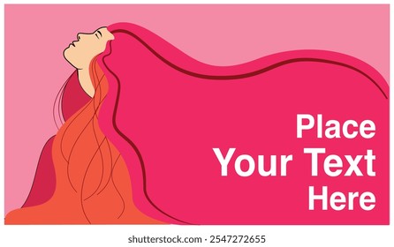 Promotional banner design, greeting card with empty space to put your writing and long-haired woman illustration as a complement. Background design with calm and cheerful colors