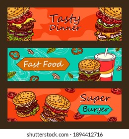 Promotional banner designs for fast food restaurant. Tasty dinner banners with burgers. Unhealthy meal and nutrition concept. Template for poster, promotion or web design