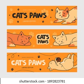 Promotional banner designs with funny cats. Orange banners on orange background with kitty paws. Pets and domestic animals concept. Template for poster, promotion or web design