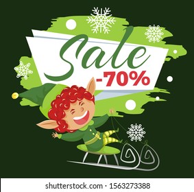Promotional banner with elf. 70 percent sale proposition from store. Smiling xmas character riding sleigh. Laughing leprechaun. Snowflakes and calligraphic inscription, discount announcement vector