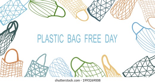 Promotional banner featuring recycled shopping bags. Vector flat illustration of a day without a plastic bag.