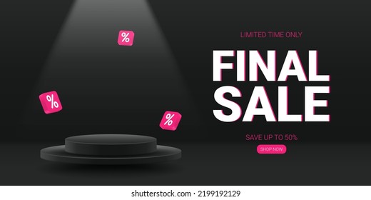 Promotional banner for final sale. Vector illustration with soaring podium for decoration of sale event. Banner of final sale with 3d stage for presentation of products. Ad poster.