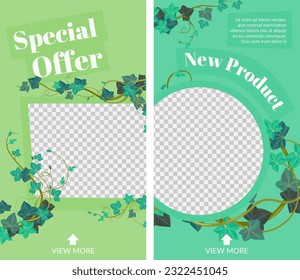 Banner promocional con marcos y fondo transparente. Oferta especial para nuevos productos. El diseño de las hojas y las plantas de arrastre, la decoración y el acondicionamiento, la decoración folclórica. Vector en estilos planos
