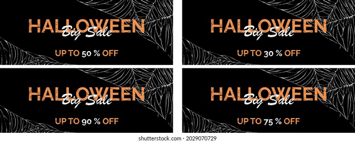 Promotional banner with information about discounts on Halloween and an image of a spider web. The set includes different variations of discount percentages.