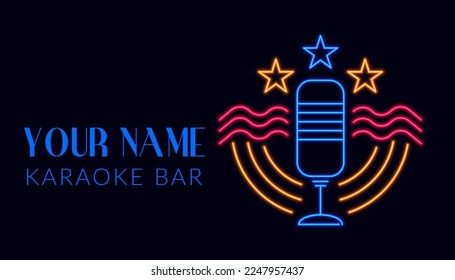 Werbebanner oder Einladung zu Karaoke Bar, Oldschool Mikrofon mit Sternen. Neonzeichen oder Logo des Unterhaltungsbetriebs. Visitenkarte mit Logotyp, Vektorgrafik auf Flamenthographie