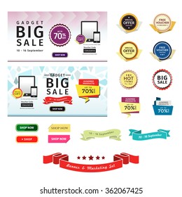 Promotional Banner & Marketing Set. This set contains badges, sale tags, buttons, and banners for your designs, such us for online shop, email newsletter or email marketing, web banner, print ad, etc.