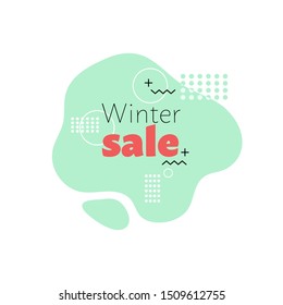 Promotional banner in memphis style with text winter sale, advertising template. Stock vector illustration.