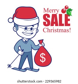 Promotional banner Merry Christmas sale with Santa Claus and bag of money