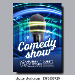 Promotional Banner Of Night Stand Up Show Vector. Radio Microphone With Pop Filter, Speed Movement Lights, Blue Curtain And Calligraphy Text On Modern Banner. Realistic 3d Illustration