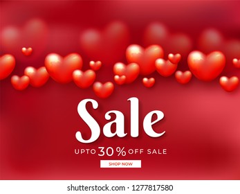 Promotional banner or poster design with decorative hearts and 30% discount offer for valentine's day sale.