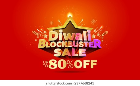 Promotional Banner, poster design for Diwali, dhanteras festival. Diwali Blockbuster sale up to 80% off 3d vector illustration.