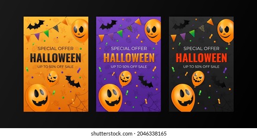 Promotional banner or poster for Halloween sale with scary balloons and paper bats. Vector illustration for website, posters, ads, coupons, promotional material. 