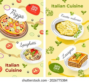 Promotional banner and posters with sales and discounts. Italian cuisine in restaurant or bar, pizza and spaghetti, risotto milanese, lasagna and cheese ingredients on food. Vector in flat style