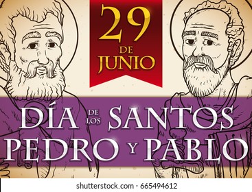 Promotional banner in Spanish, in hand drawn style with portraits of St. Peter and St. Paul and reminder date for Solemnity event in June 29.