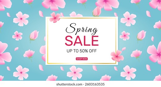 Promotional banner for spring featuring blooming cherry sakura flowers and floating petals over blue background. Botanical vector illustration suitable for posters, social media, web, cards