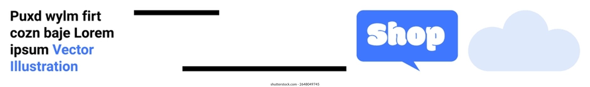Promotional banner with text on the left and Shop speech bubble in blue. A blue cloud icon is on the right. Ideal for e-commerce, promotions, sales, digital marketing, website banners. Banner