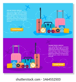 Promotional Banner with Tourists Bags and Airplane Taking Off. Tourism and Summer Vacation. Vector Illustration. Trip around World