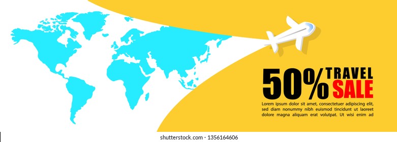 Promotional banner for travel sales. Bright minimal design with world map and airplane on yellow background. Vector for booklets, advertising, web landscape. Vector illustration.