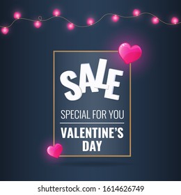 Promotional banner for Valentines Day with light garland and hearts. Advertising card, invitation. Vector illustration.