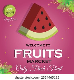 Promotional banners for Fruits market.Gradient pink  background with leaves and a big 3D watermelon Slice .all layers are single for any coustomization Eps 10 ,vector illustration.
