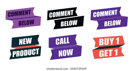 Banners promocionais com frases como 'Comente abaixo', 'Novo produto' e 'Compre 1 e ganhe 1'. Etiquetas para marketing e envolvimento com o cliente.