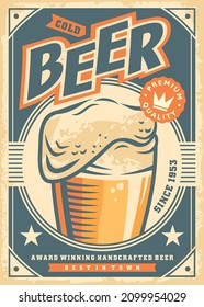 Promotional beer poster design. Retro flyer with beer glass on old paper texture. Vintage vector document template.