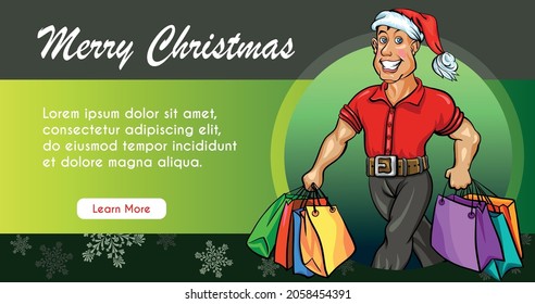 Promotional booklet for Christmas sale. Man in Santa Hat with Christmas Gifts