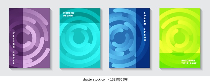 Promotional booklet covers set. Graphic presentation concentric elements motion vector backgrounds. Aim goal achievement circles concept. Digital portfolio title pages collection.