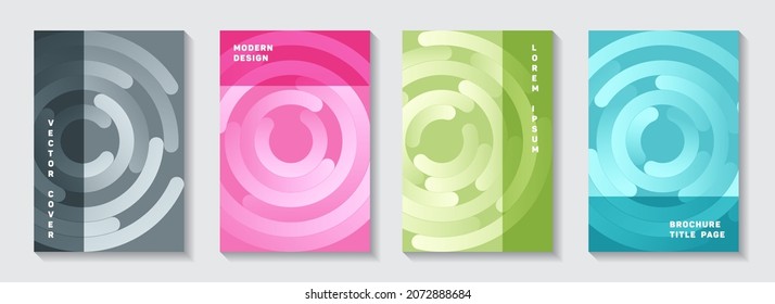 Promotional booklet title pages set. Flat newsletter circles swirl vector backgrounds. Aim goal achievement circles concept. Digital brochure covers mockups.
