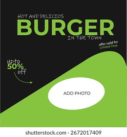 Werbe-Burger-Anzeige mit einem kühlen grünen Design mit einem Rabatt-Angebot, ideal für Fast-Food-Marketing oder Restaurant-Promotionen