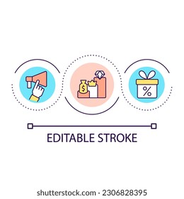 Werbekampagne-Loop-Konzept Symbol. Marketingstrategie. Sonderangebot. Boni und Geschenke abstrakte Idee dünne Linie Illustration. Einzeln Umrisszeichnung. Bearbeitbarer Strich. Arithmetik verwendet